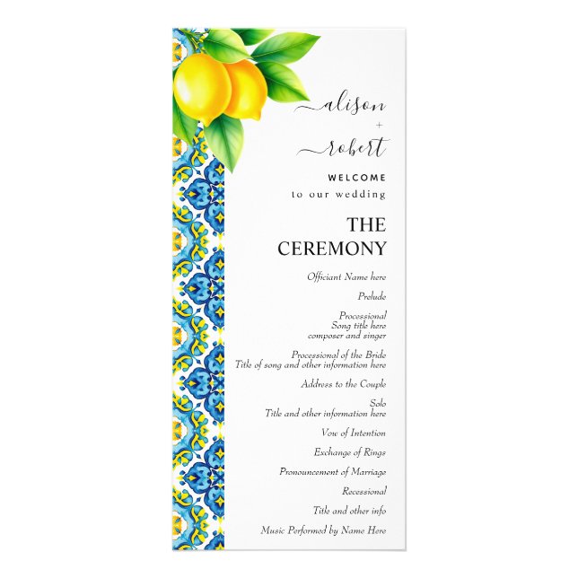 Mediterranean tiles and lemons wedding program (Front)