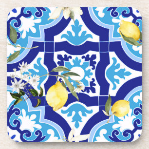 Mediterranean tiles,blue tiles,lemon, beverage coaster