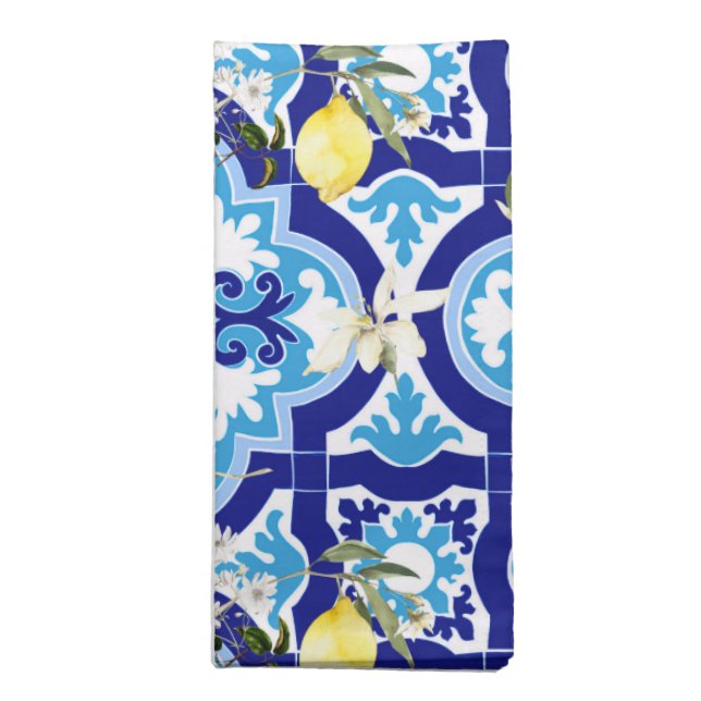Mediterranean tiles,blue tiles,lemon, cloth napkin (Folded)