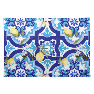 Mediterranean tiles,blue tiles,lemon, cloth placemat