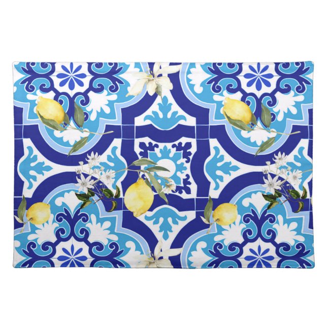 Mediterranean tiles,blue tiles,lemon, cloth placemat (Front)