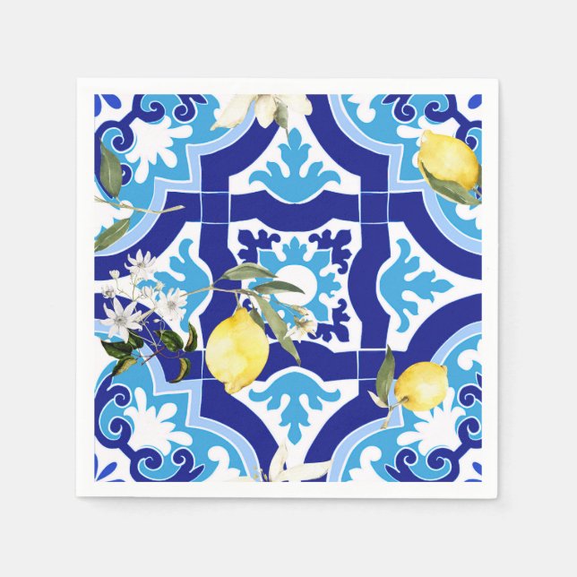 Mediterranean tiles,blue tiles,lemon, napkins (Front)