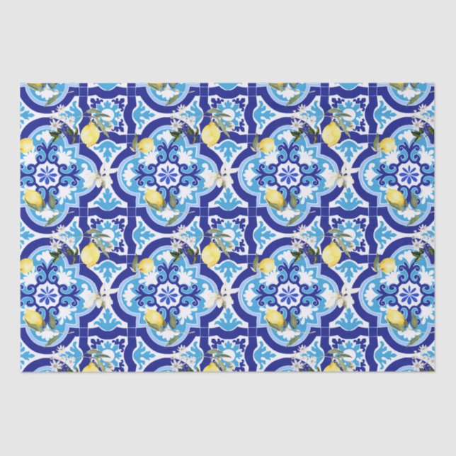 Mediterranean tiles,blue tiles,lemon, tissue paper (Front)