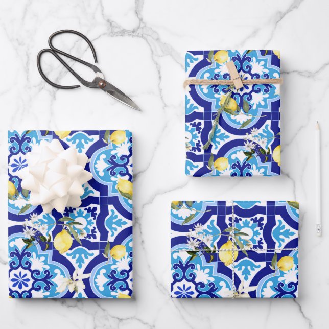 Mediterranean tiles,blue tiles,lemon, wrapping paper sheets (Front)