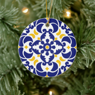 Mediterranean Tiles Blue & Yellow Pattern Ceramic Ornament