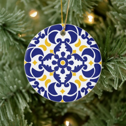 Mediterranean Tiles Blue  Yellow Pattern Ceramic Ornament