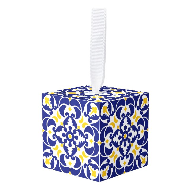 Mediterranean Tiles Blue & Yellow Pattern Cube Ornament (Front Angled)