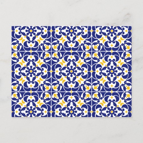 Mediterranean Tiles Blue  Yellow Pattern Holiday Postcard
