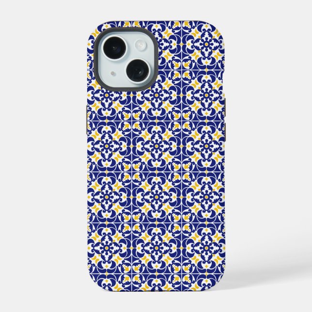 Mediterranean Tiles Blue & Yellow Pattern Iphone Case (Back)