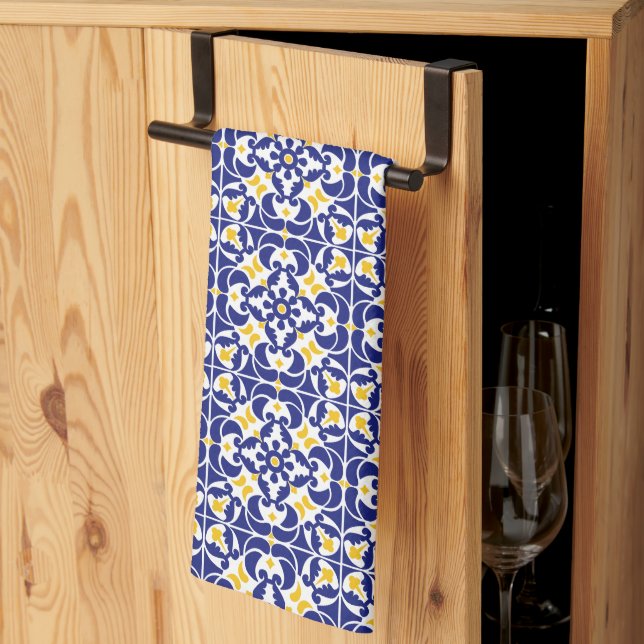 Mediterranean Tiles Blue & Yellow Pattern Kitchen Towel (Thirds Fold)