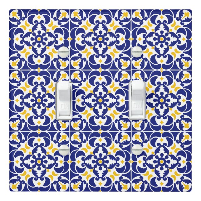 Mediterranean Tiles Blue & Yellow Pattern Light Switch Cover (In Situ)