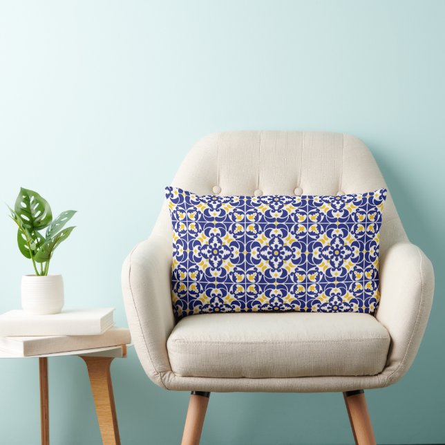 Mediterranean Tiles Blue & Yellow Pattern Lumbar Pillow (Chair)