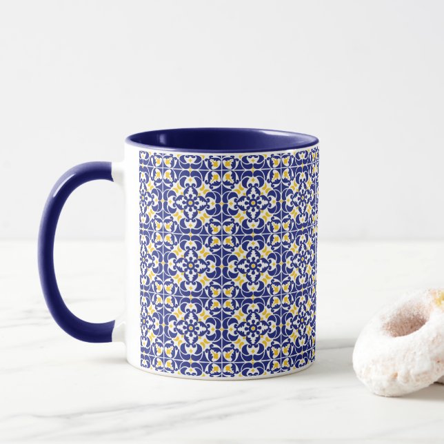 Mediterranean Tiles Blue & Yellow Pattern Mug (With Donut)