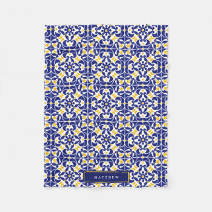 Mediterranean Tiles Blue & Yellow Pattern Name Fleece Blanket