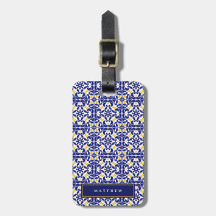 Mediterranean Tiles Blue & Yellow Pattern Name Luggage Tag