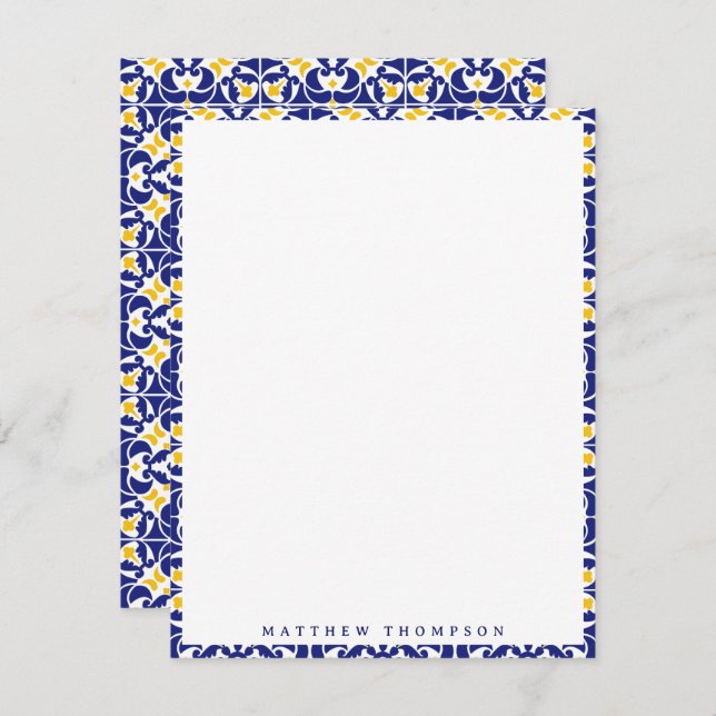 Mediterranean Tiles Blue & Yellow Pattern Name Note Card (Front/Back)
