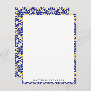 Mediterranean Tiles Blue & Yellow Pattern Name Note Card
