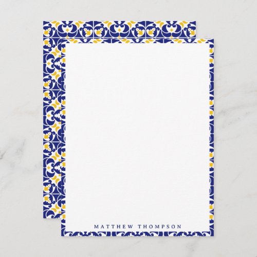 Mediterranean Tiles Blue  Yellow Pattern Name Note Card