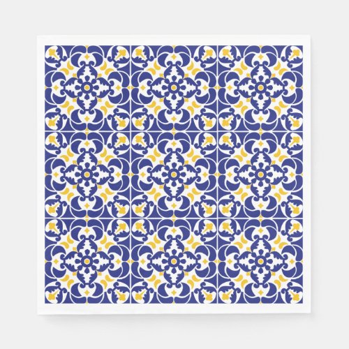 Mediterranean Tiles Blue  Yellow Pattern Napkins