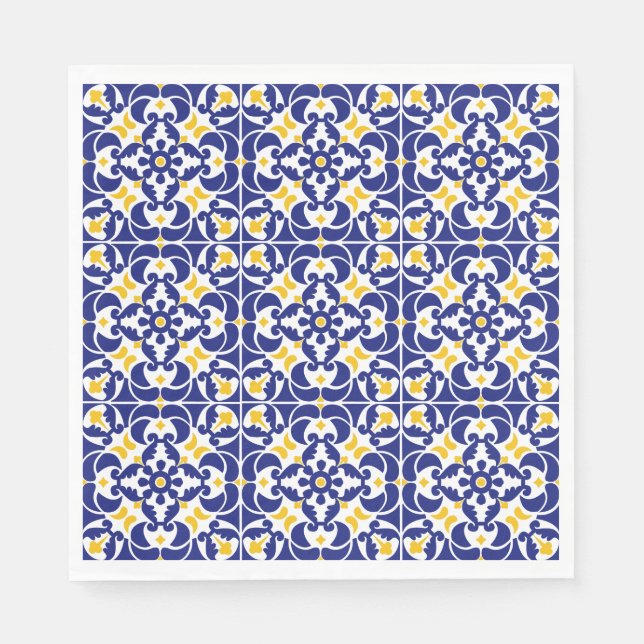 Mediterranean Tiles Blue & Yellow Pattern Napkins (Front)