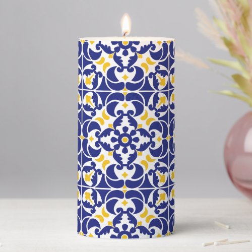 Mediterranean Tiles Blue  Yellow Pattern Pillar Candle