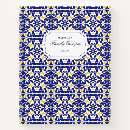 Mediterranean Tiles Blue  Yellow Pattern Recipes Notebook