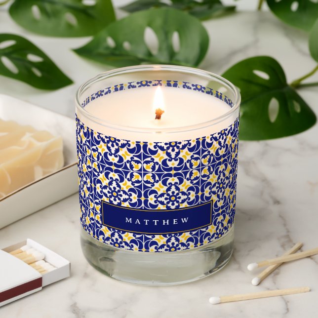 Mediterranean Tiles Blue & Yellow Pattern Scented Candle (Lit)