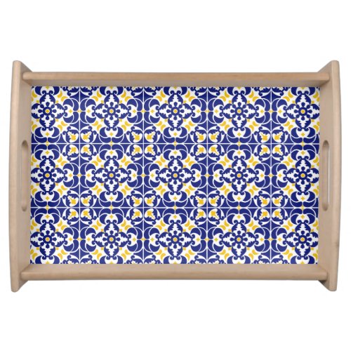 Mediterranean Tiles Blue  Yellow Pattern Serving Tray