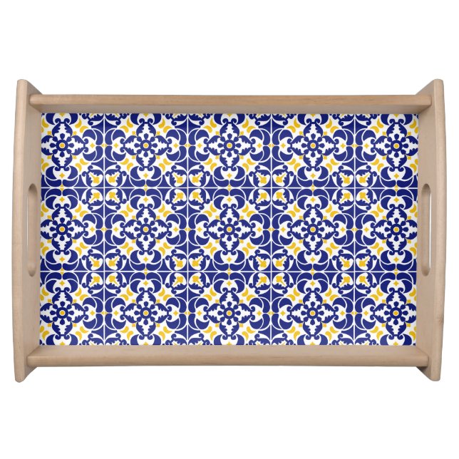 Mediterranean Tiles Blue & Yellow Pattern Serving Tray (Front)