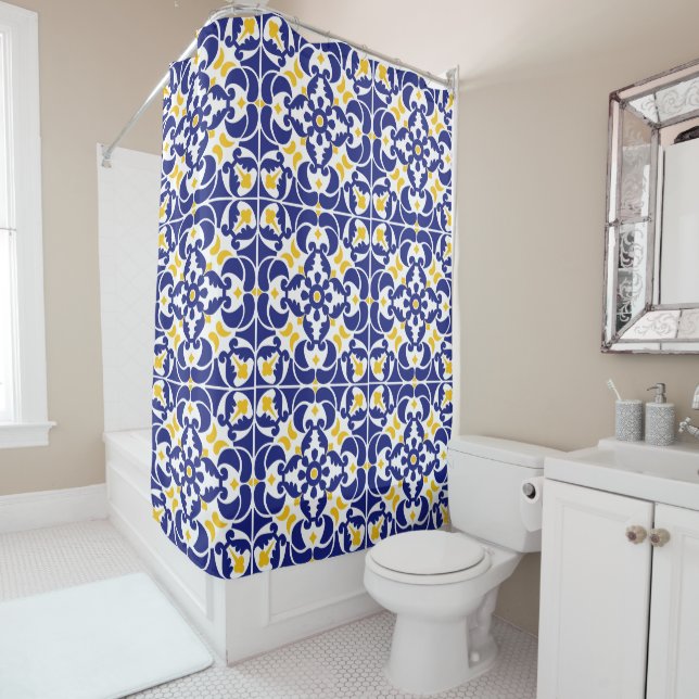 Mediterranean Tiles Blue & Yellow Pattern Shower Curtain (In Situ)