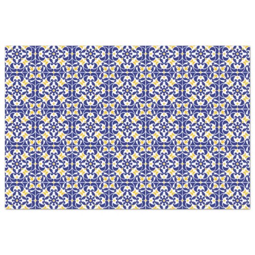 Mediterranean Tiles Blue  Yellow Pattern Tissue Paper