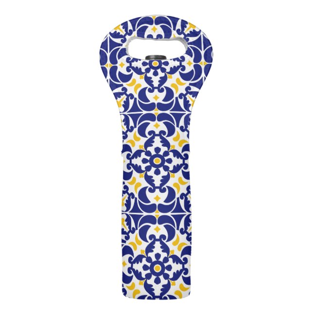 Mediterranean Tiles Blue & Yellow Pattern Wine Bag (Front)