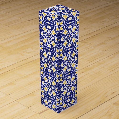 Mediterranean Tiles Blue  Yellow Pattern Wine Box