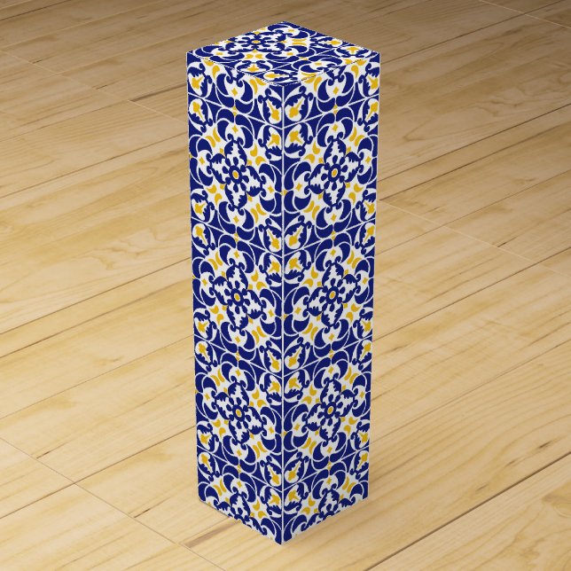 Mediterranean Tiles Blue & Yellow Pattern Wine Box (Front)