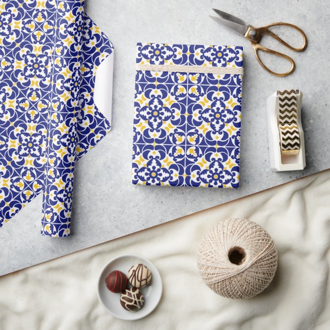 Mediterranean Tiles Blue & Yellow Pattern Wrapping Paper (Crafts)