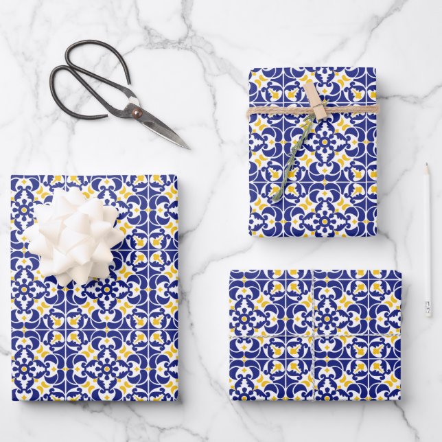 Mediterranean Tiles Blue & Yellow Pattern Wrapping Paper Sheets (Front)