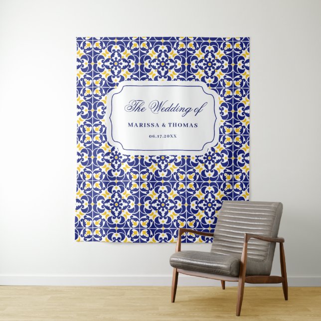 Mediterranean Tiles Blue & Yellow Wedding Backdrop (In Situ)