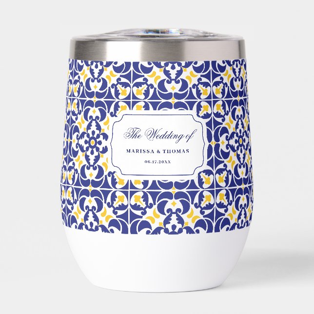 Mediterranean Tiles Blue & Yellow Wedding Gift Thermal Wine Tumbler (Front)