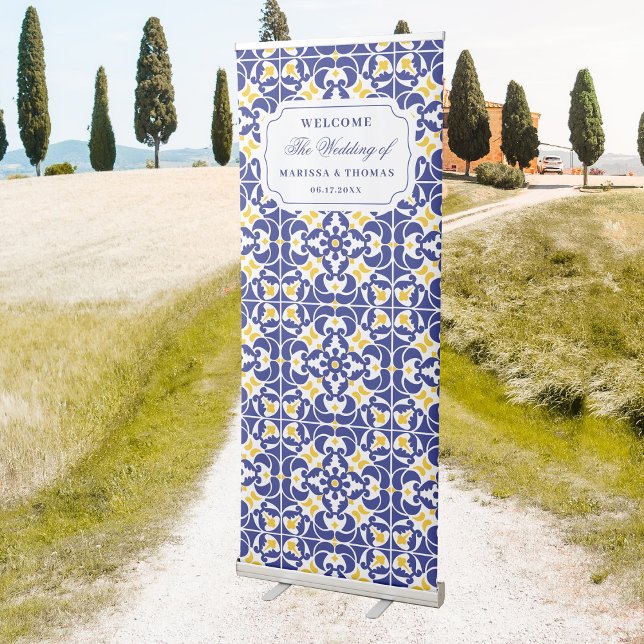 Mediterranean Tiles Blue & Yellow Wedding Welcome Retractable Banner (Mediterranean Tiles Blue & Yellow Wedding Welcome Retractable Banner)