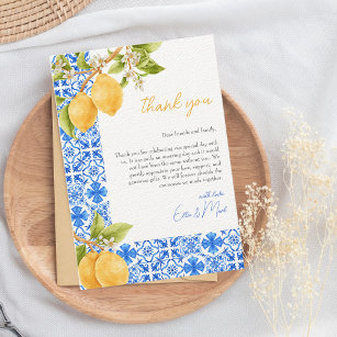 Mediterranean Tiles Italy Lemon Bridal Shower  Thank You Card