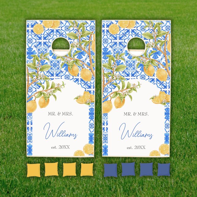 Mediterranean Tiles | Italy Lemons Citrus Modern Cornhole Set (Lemons Mediterranean Tiles Cornhole set)