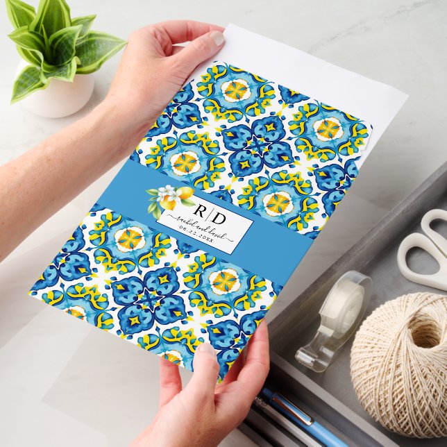 Mediterranean tiles, lemon branch blue wedding envelope mailers (Desk)