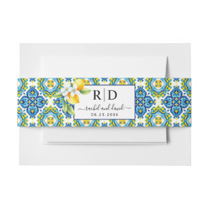 Mediterranean tiles, lemon branch blue wedding invitation belly band