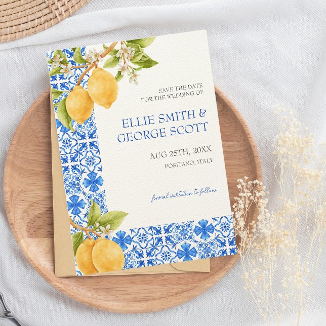 Mediterranean Tiles Lemon Citrus Italy Wedding Save The Date (Destination Wedding Italy Save the Date)
