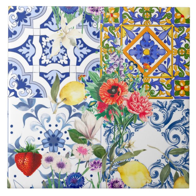 Mediterranean tiles,lemon,flowers,majolica,summer, ceramic tile (Front)