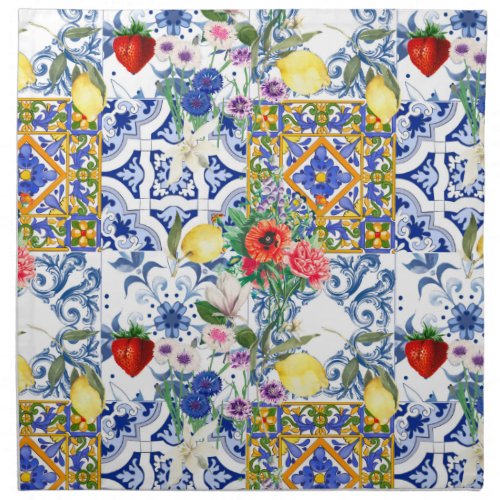 Mediterranean tileslemonflowersmajolicasummer cloth napkin