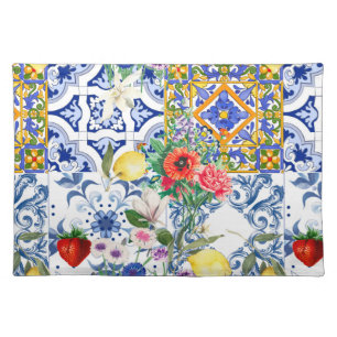 Mediterranean tiles,lemon,flowers,majolica,summer, cloth placemat