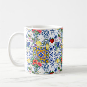 Mediterranean tiles,lemon,flowers,majolica,summer, coffee mug