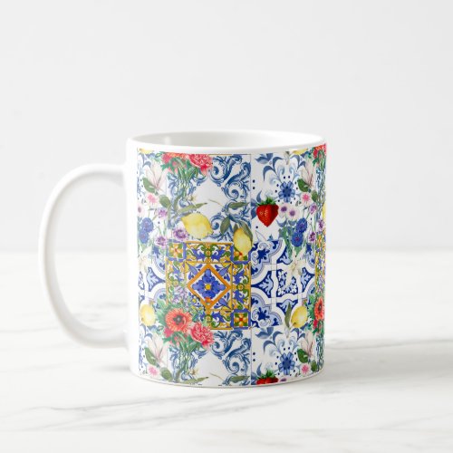 Mediterranean tileslemonflowersmajolicasummer coffee mug