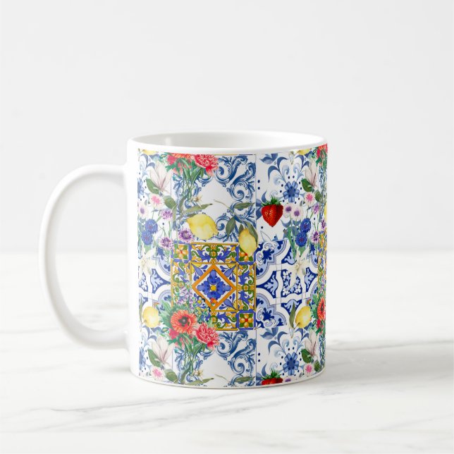 Mediterranean tiles,lemon,flowers,majolica,summer, coffee mug (Left)
